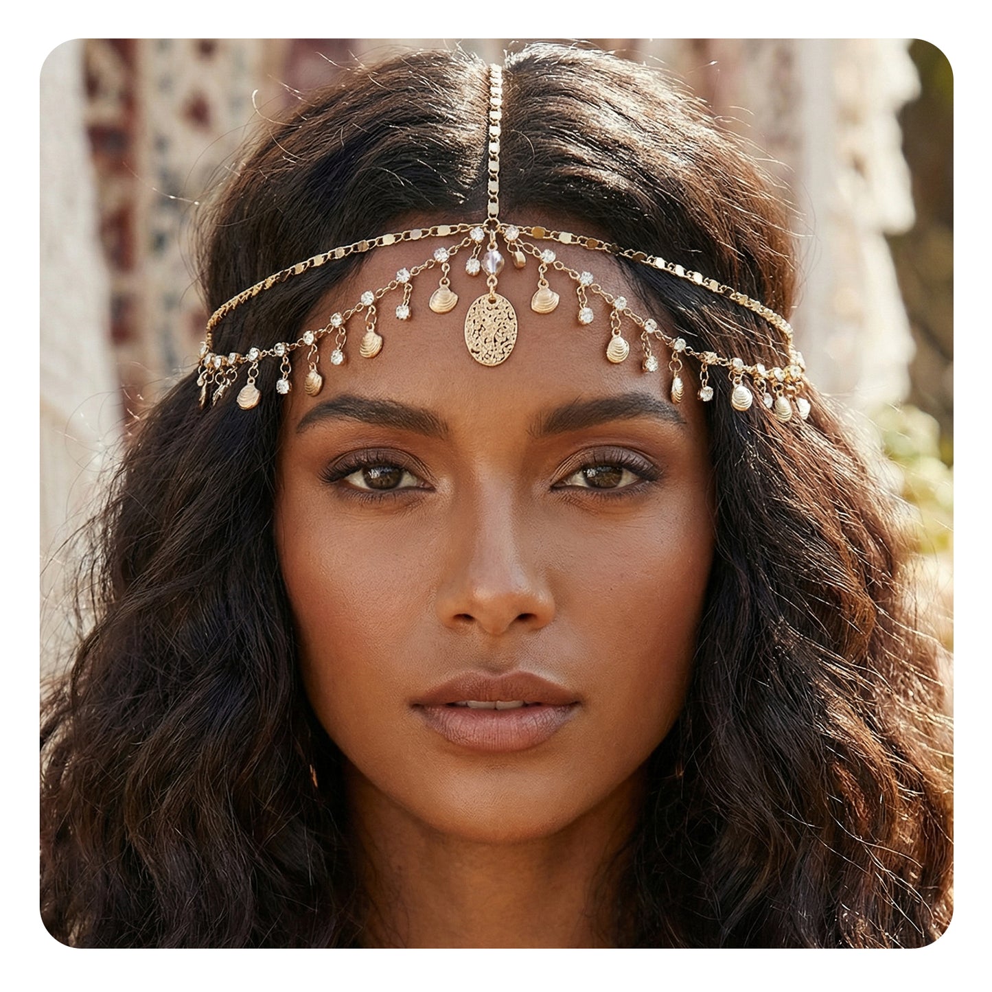 Nogeqi Gold Headpiece Shells Rhinestone Sequin Egyptian Head Chain Gold Head Piece Jewellery for Women Girls Goddess, Boho Egyptian Accessories for Festival Prom Wedding (Head Circumference 55-60cm)