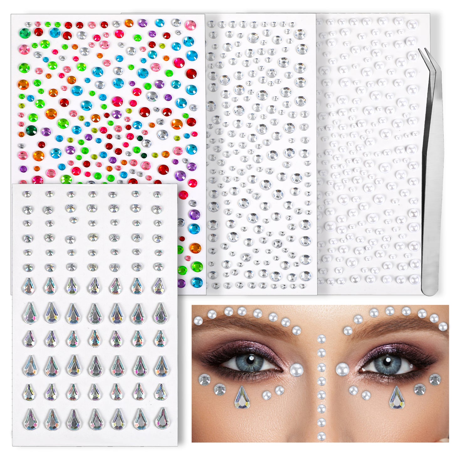 Nogeqi 4 Sheets Adhesive Gems for Face Face Stickers Jewels Self Adhesive Rhinestones for Hair Face Jewels Face Pearls Face Rhinestones Stick on for Face Eye Makeup Nail Body Crafts