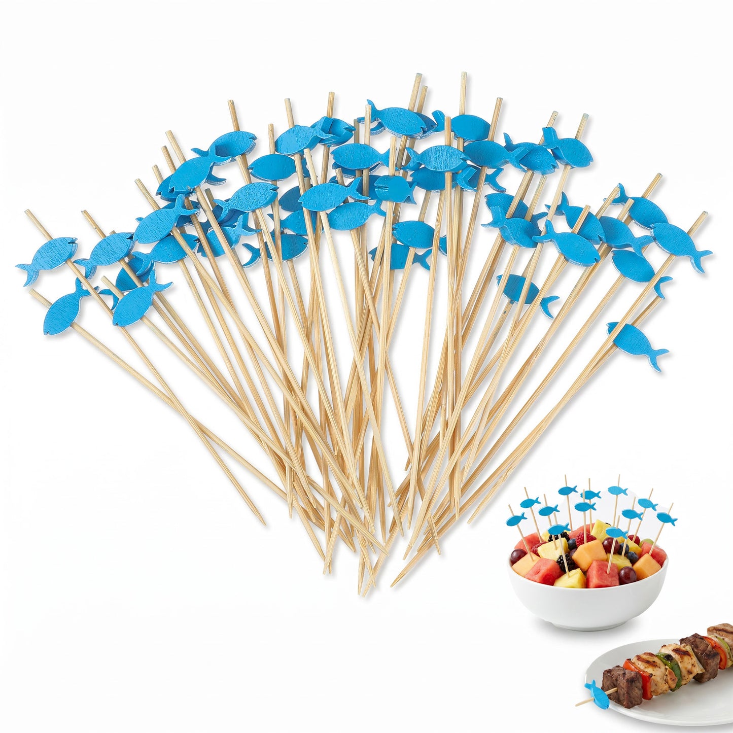 RAHHLIZS 100 Pcs Blue Fish Cocktail Toothpicks, 4.72 Inch Long Bamboo Cocktail Picks for Drinks, Appetizer Skewers for Fruits Desserts Party Decoration - Vacuum Sealed