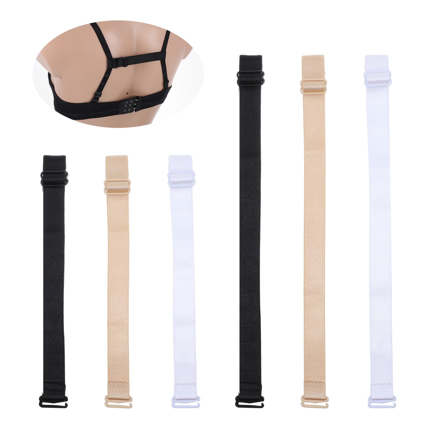 Tyqour 6 Pcs Bra Strap Holders for Slipping Women's Non-Slip Bra Strap Clips Elastic Adjustable Extendable Bras Band for Racerback Conceal Straps (Black, White, Skin Color)