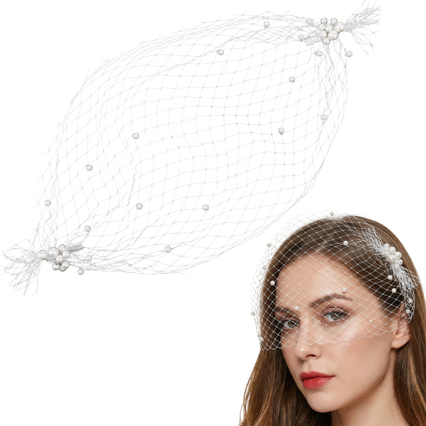 RAHHLIZS Pearl Birdcage Veil, Pearl White Veil, Mesh Veil Headpiece with Clip, 1920s Fascinator for Tea Party Halloween Costume Accessories