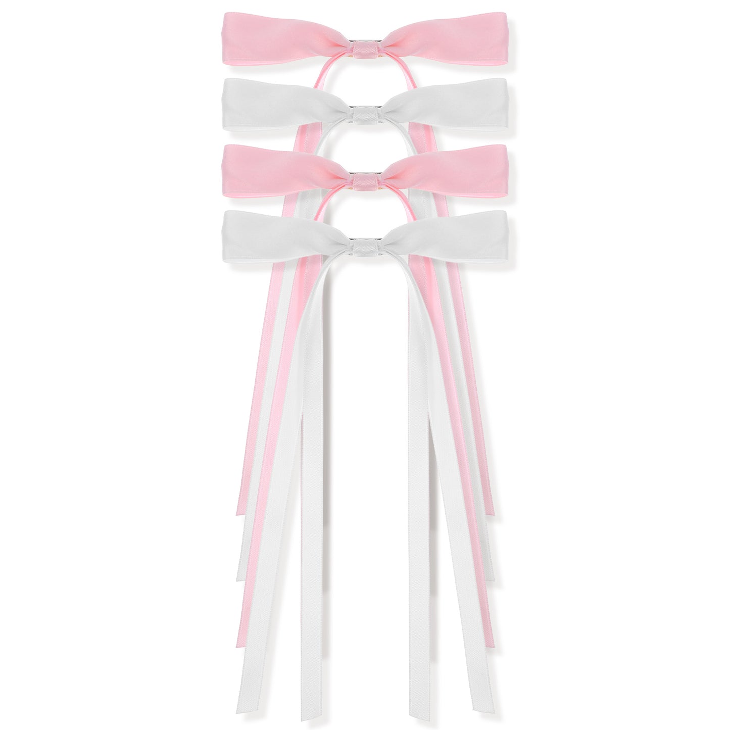 Nogeqi 4PCS Tassel Ribbon Bowknot Hair Clips with Long Tails, White and Pink Hair Bow, Solid Hair Ribbon Barrettes Hair Accessories for Women