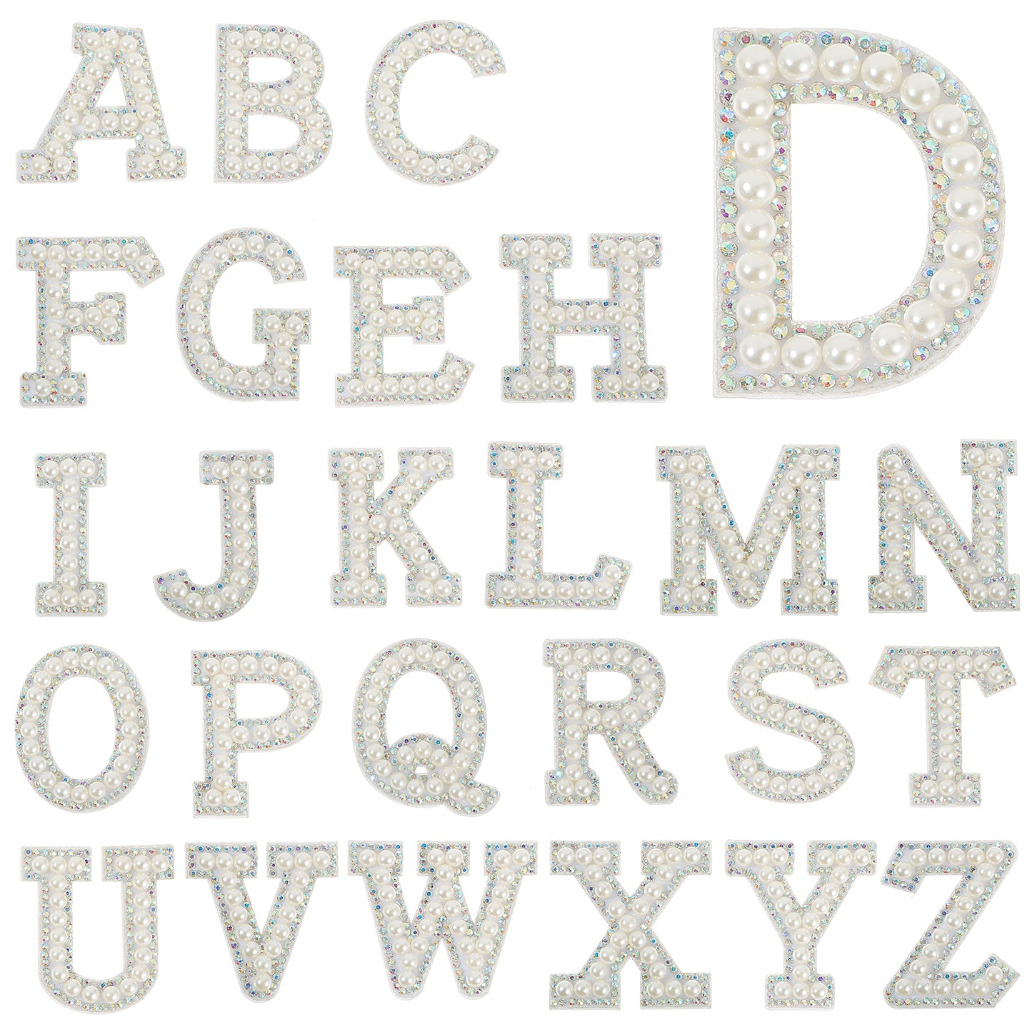 26PCS Pearl Iron on Letter Patches, Self Adhesive Rhinestone Alphabet A-Z Embroidered Applique Patches Stickers, Stick on Letter Patches for Sweatshirts Skirts Hats Socks Jeans DIY Accessories(White)
