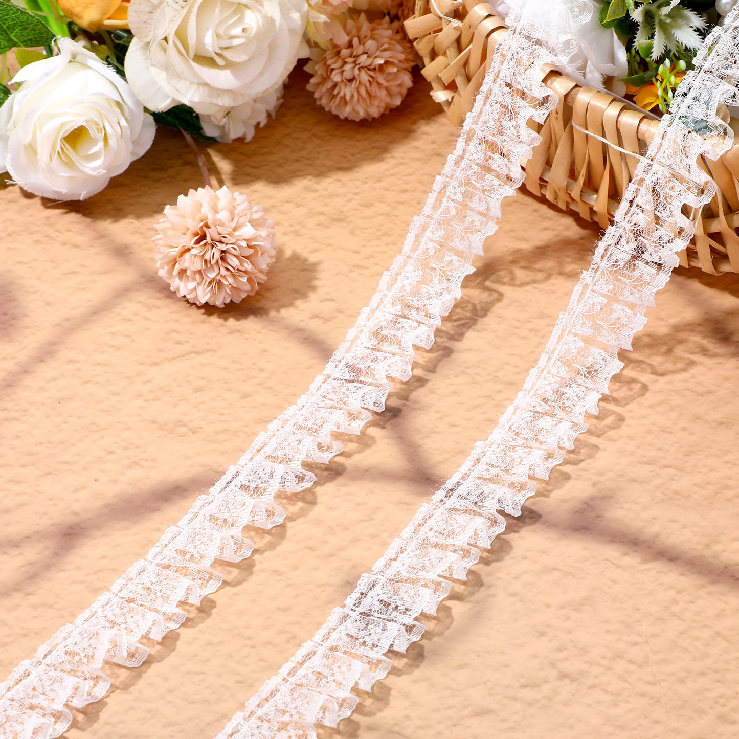 Nogeqi 11 Yards Lace Trim, Elegant Ruffle Trim, 1 Inch Width White Lace Ribbon for Sewing, Bridal Wedding Dress Applique Decorations, DIY Crafts