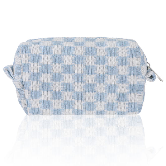 Tyqour Small Checkered Makeup Bag for Purse, Portable Zipper Cosmetic Pouch Cute Skin Care Bag Knitting Travel Pouch for Women Preppy Travel Accessories (Blue and White, 6.69 X 2.76 Inch)