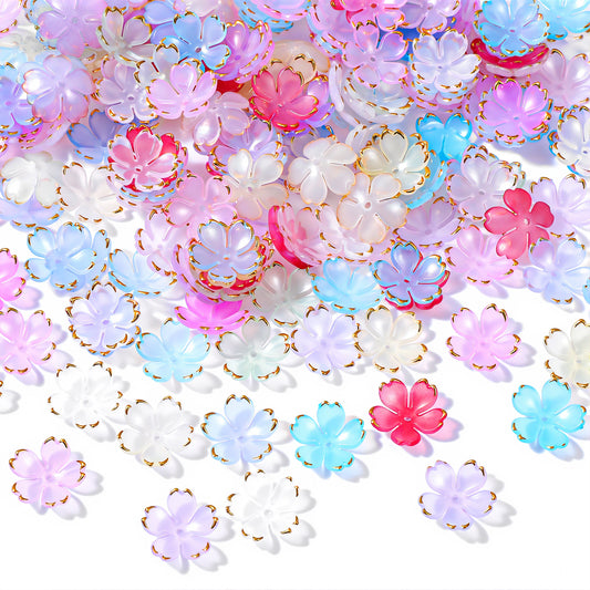 Xindojuz 100 PCS Flower Beads for Jewelry Making, Colorful Cherry Blossom Beads Gold-Plated Mini Acrylic Spacer Bead 5-Petal Floral Charms for Necklaces Bracelets Earring Keychains (Mixcolors)