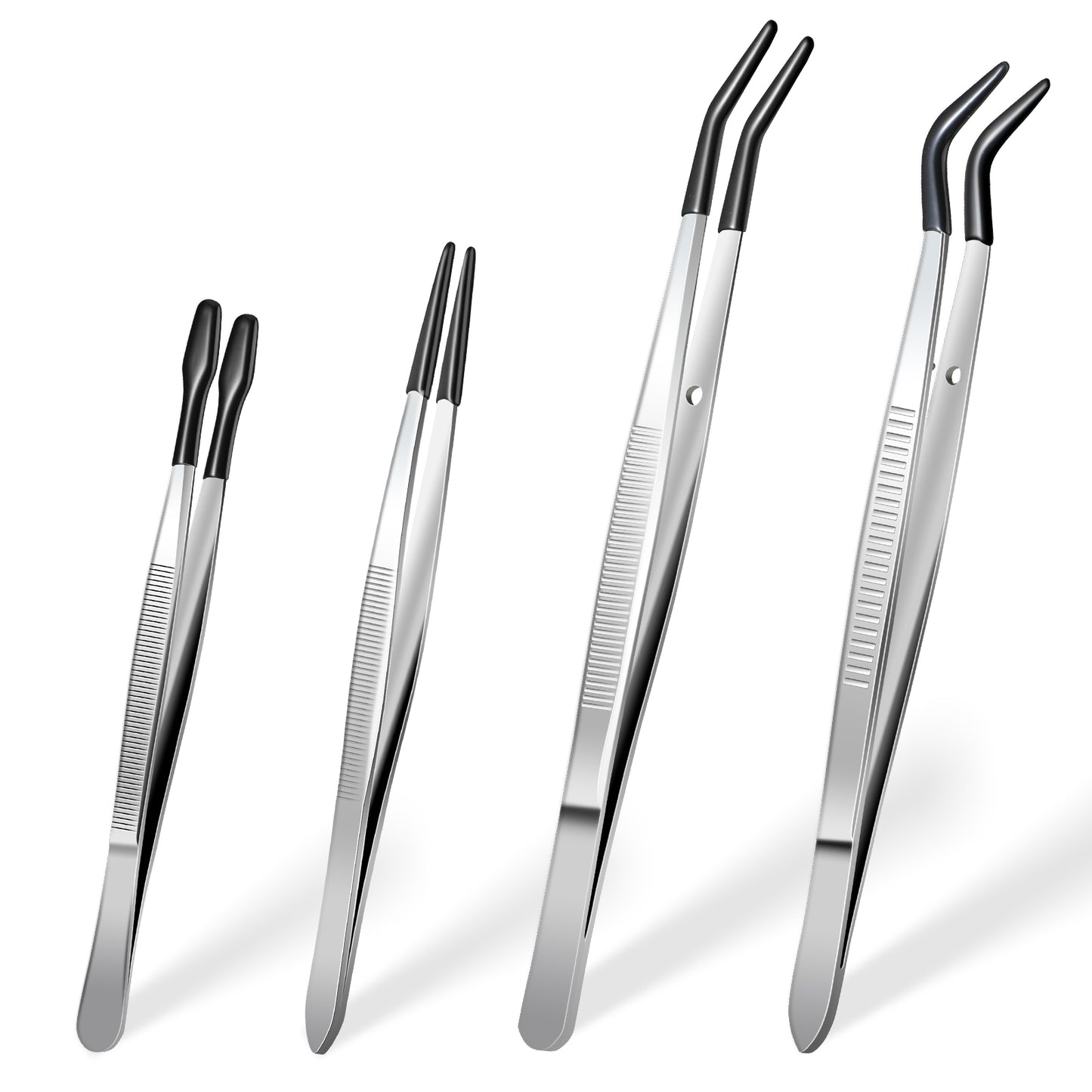 Ymapinc 4 Pcs Stainless Steel Long Tweezers, Thin Tweezers for Crafts Bead Tweezers with Silicone Tips(Single Bend Double Bend Sharp Tip Flat Tip) Piercing Jewelry Making