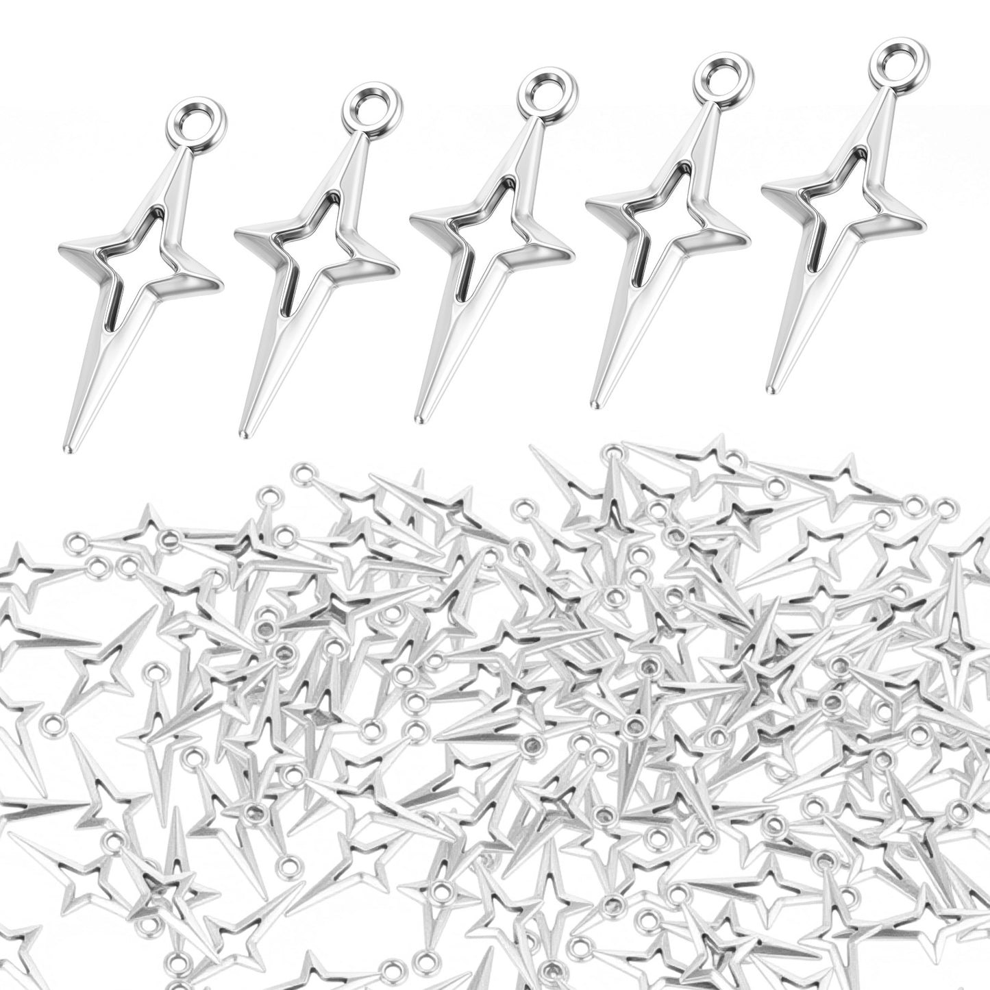 Teaaha 120 Pcs Silver Star Charms for Jewelry Making, Hollow Four-Pointed Star Pendants for DIY Craft Bracelet Earrings Necklace Pendant Aesthetic Charm Connectors