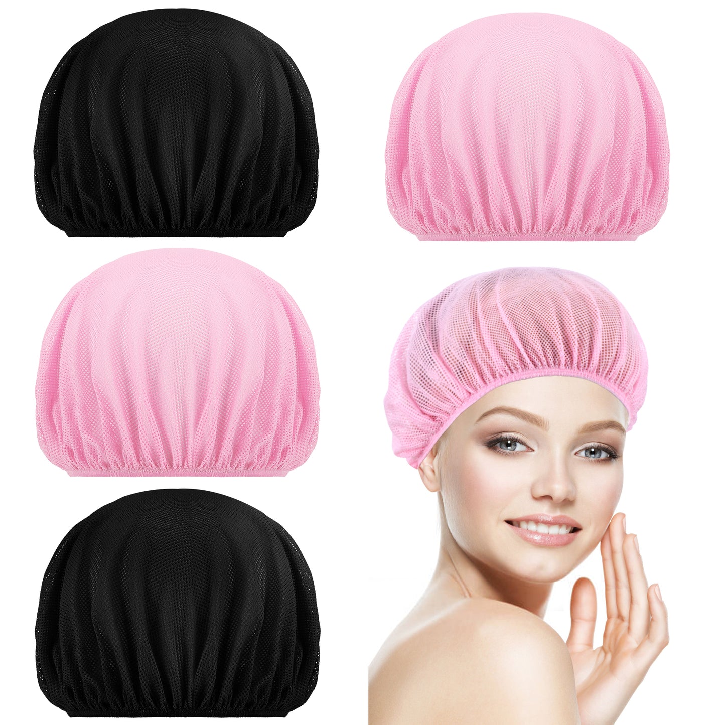 4pcs Mesh Sleeping Caps for Curly Hair, Mesh Sleep Bonnets For Sleeping Night, Hair Net For Rollers, Elastic Hairnet for Women (Black, Pink)