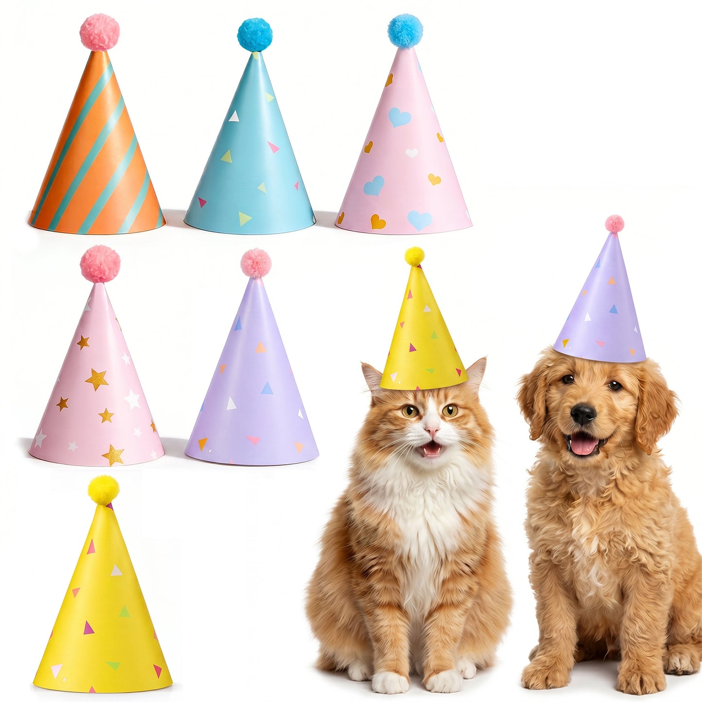 Tyqour 6 PCS Birthday Party Hats Mini Party Hats for Stuffed Animals Cute Dog Hat Birthday Hats for Stuffed Animals with Pom Poms for Kittens Rabbits Small Animals(Colorful)