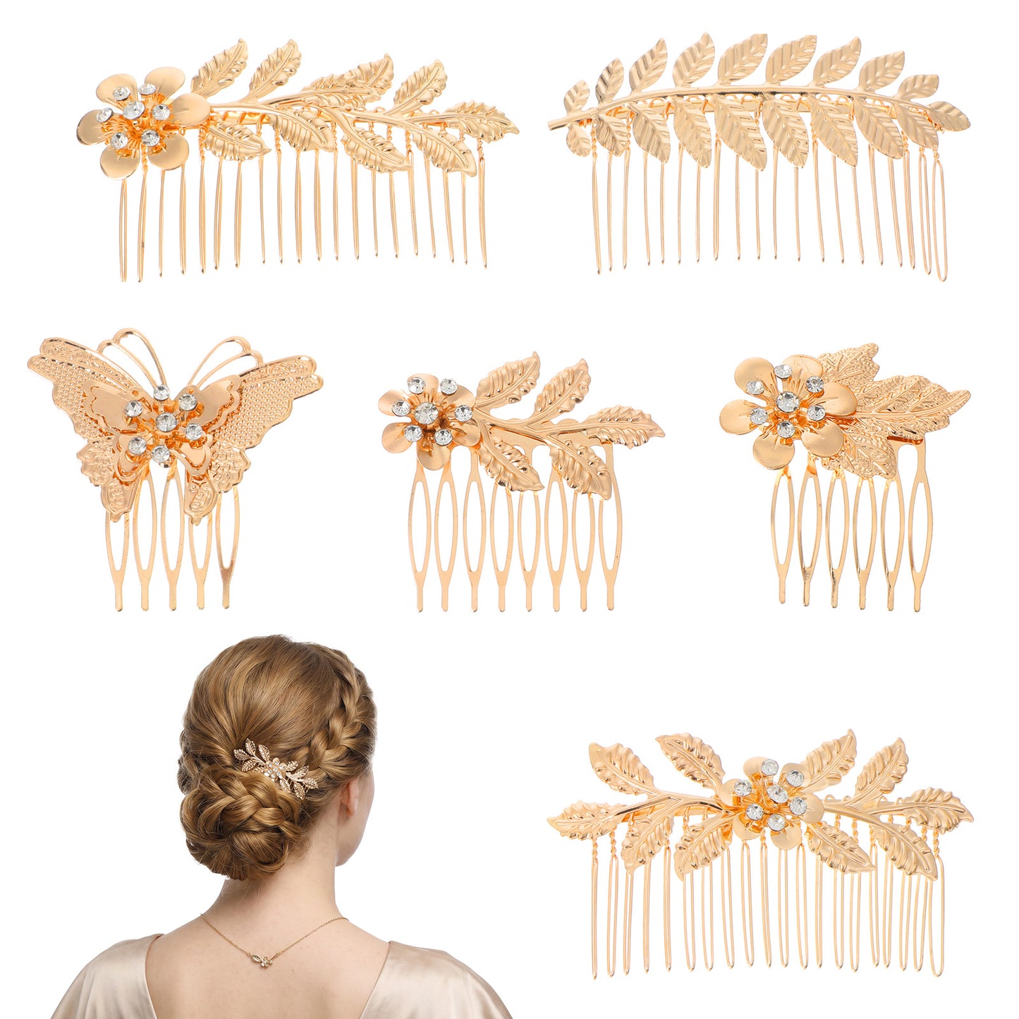 Nogeqi 6 Pcs Gold Hair Combs Slides for Women, Gold Hair Accessories for Bridal Bridesmaid Wedding Guest, Rhinestone Leaf and Butterfly Wedding Hairs Comb
