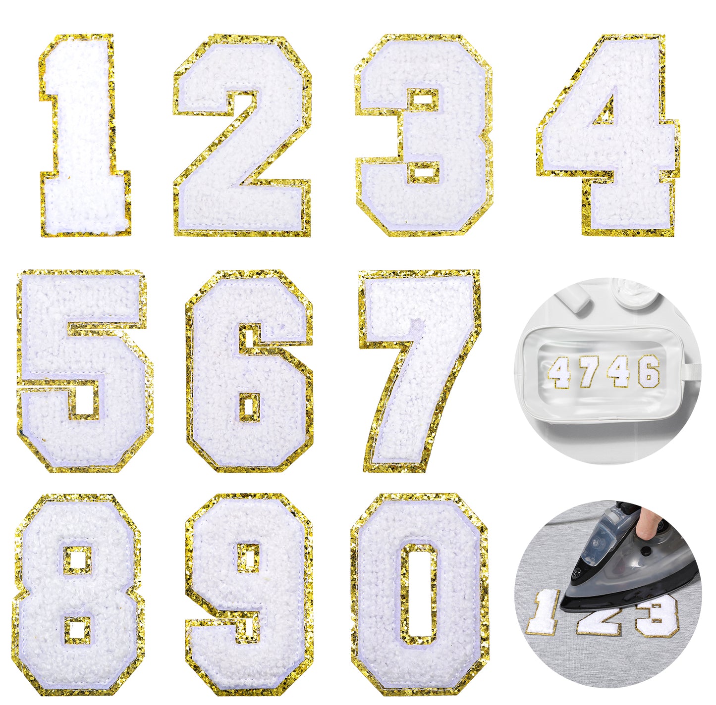 Iron on Numbers for Clothing, 10PCS 3.1inch White Number Patches 0-9 Large Varsity Chenille Patches Self Adhesive Fabric Embroidery Applique for Team Jerseys Sports Football Jeans Bags Decors