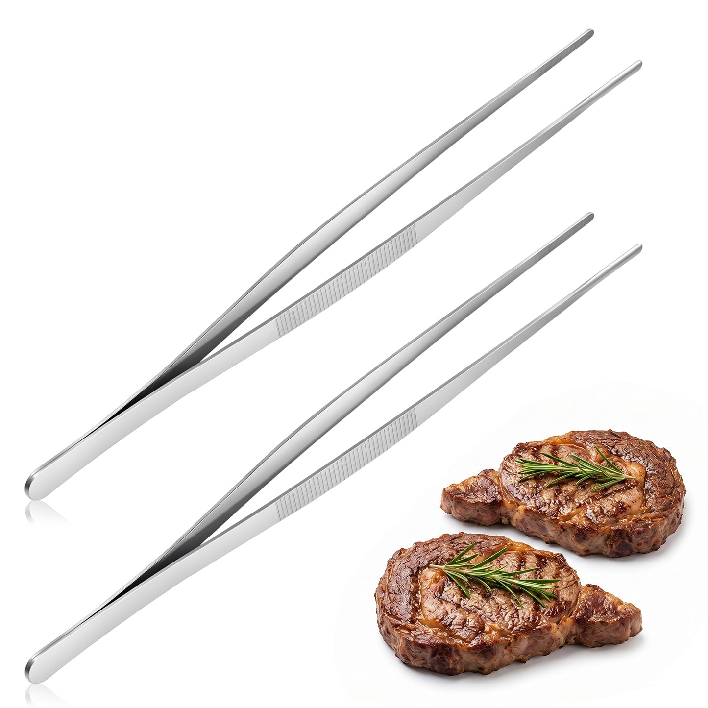 RAHHLIZS 2PCS 12 Inch Cooking Tweezers Stainless Steel, Metal Tongs for Cooking, Kitchen Tweezers for Cooking, Cooking Tongs Tweezers for BBQ Grilling Plating
