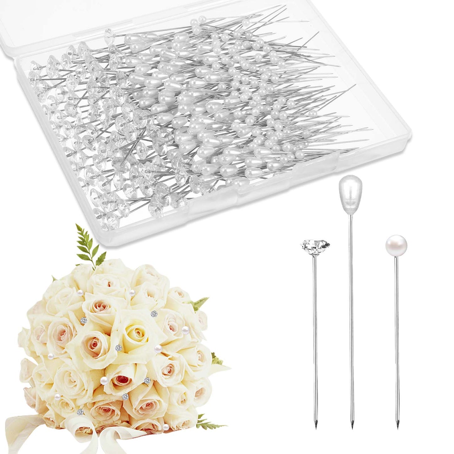 Mabor 300Pcs Straight Pins Sewing, 2.1 Inch Diamond, Round/Teardrop Pearl Head Decorative Pins, Corsage Boutonniere Pin for Wedding Flower Bouquet Jewelry Ornaments Attaching Crafts