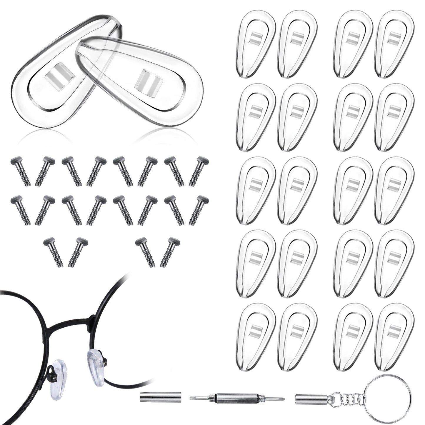 Mabor Glasses Repair Kit with Screw-in Nose Pads, Includes Screwdriver & Small Screws for Eyewear Maintenance