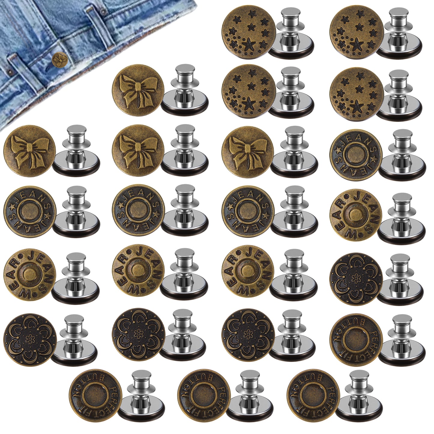 Tyqour 24 Sets Jean Buttons Replacement, No Sew Jeans Button Pins, Reusable and Adjustable Button for Jeans, Waist Tightener for Pants Women (6 Styles, Copper)