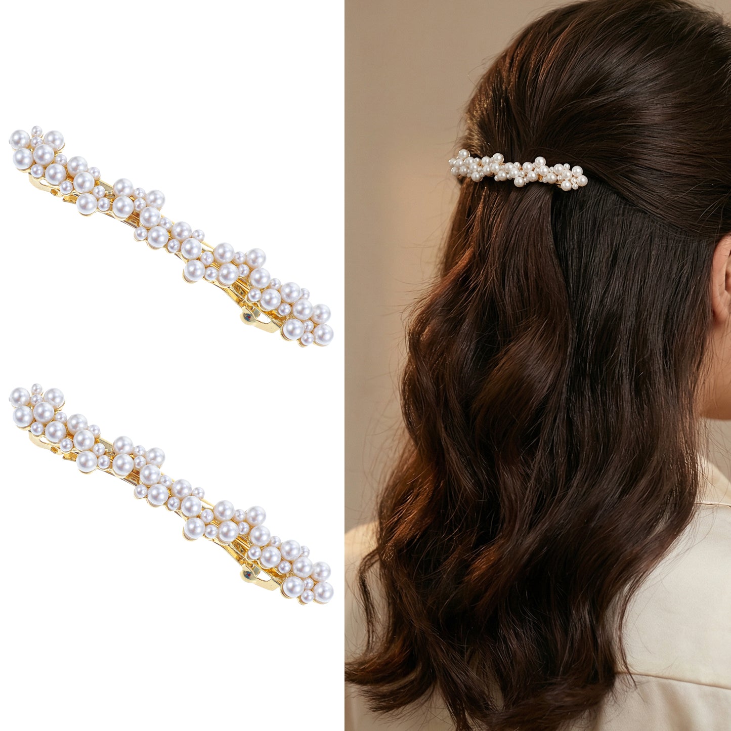 Shimmeroo 2Pcs Pearl Hair Clip,Pearl Barrettes French Hair Slides for Women Elegant Barrette Wedding Brides Party Accessories Daily Use