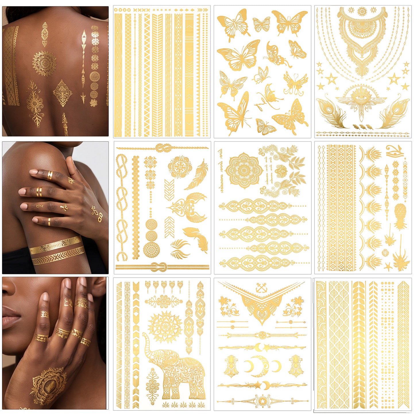 Tyqour 9 Sheets Gold Temporary Tattoos for Women Metallic Glitter Tattoo