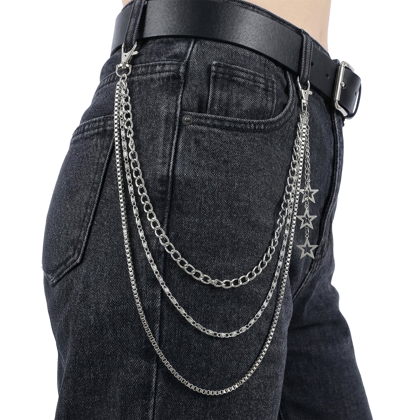 Mabor Silver Star Pants Chain, Metal Punk Wallet Chains, Hip Hop Pocket Chain for Jeans Backpack Keys Pants Accessories