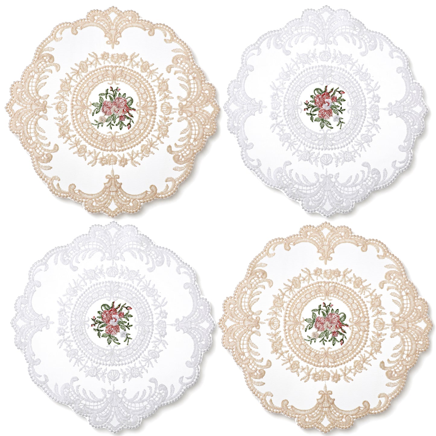 Quvvarly 4Pcs Lace Doilies Embroidered Lace Table Runner Round Table Mats