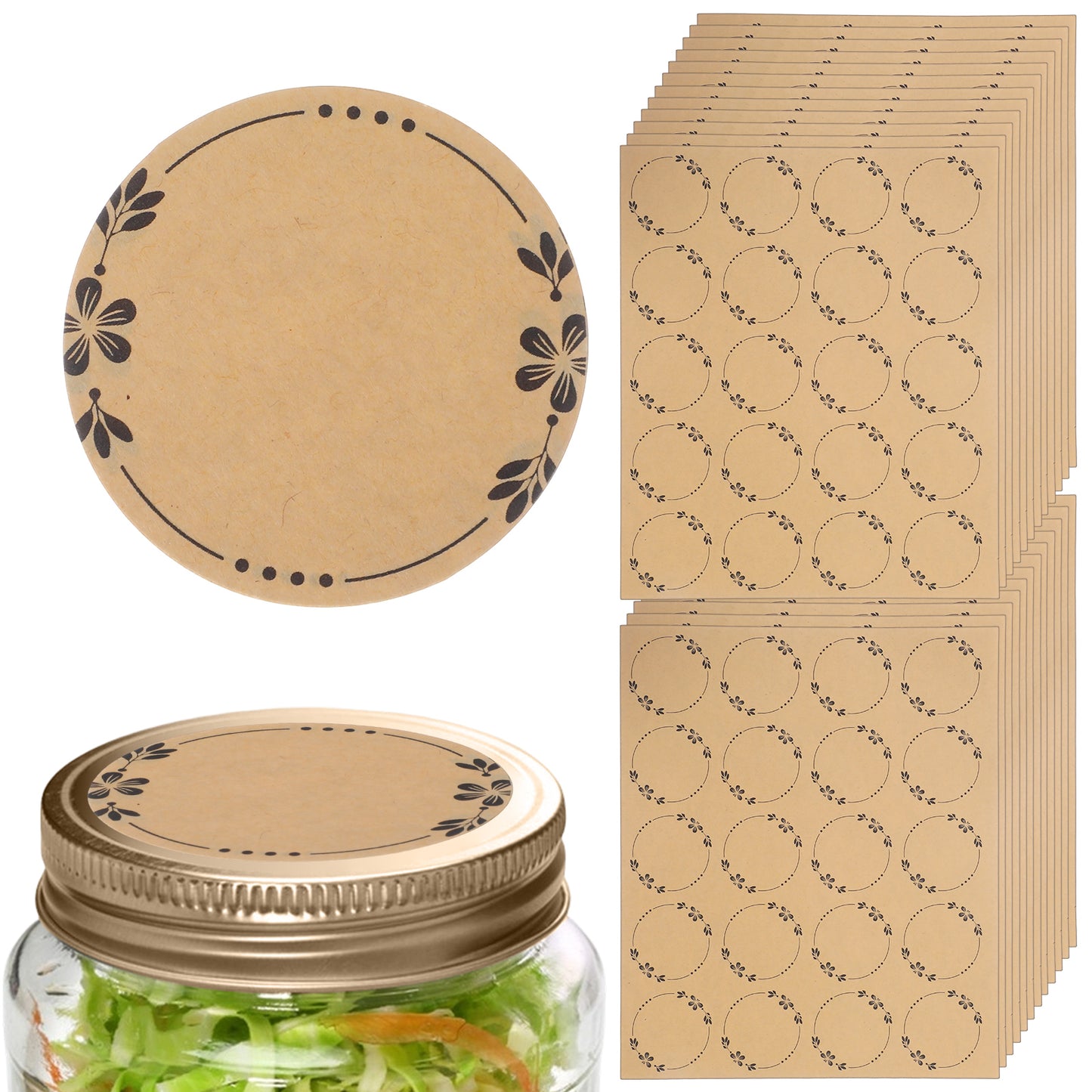 Nogeqi 300PCS 2 Inch/5cm Canning Labels for Mason Jars, Brown Canning Jar Labels for Baked Goods, Wreath Designs Kraftpaper Sticker Label to Write on for Food Gift Bottles Pantry Essential