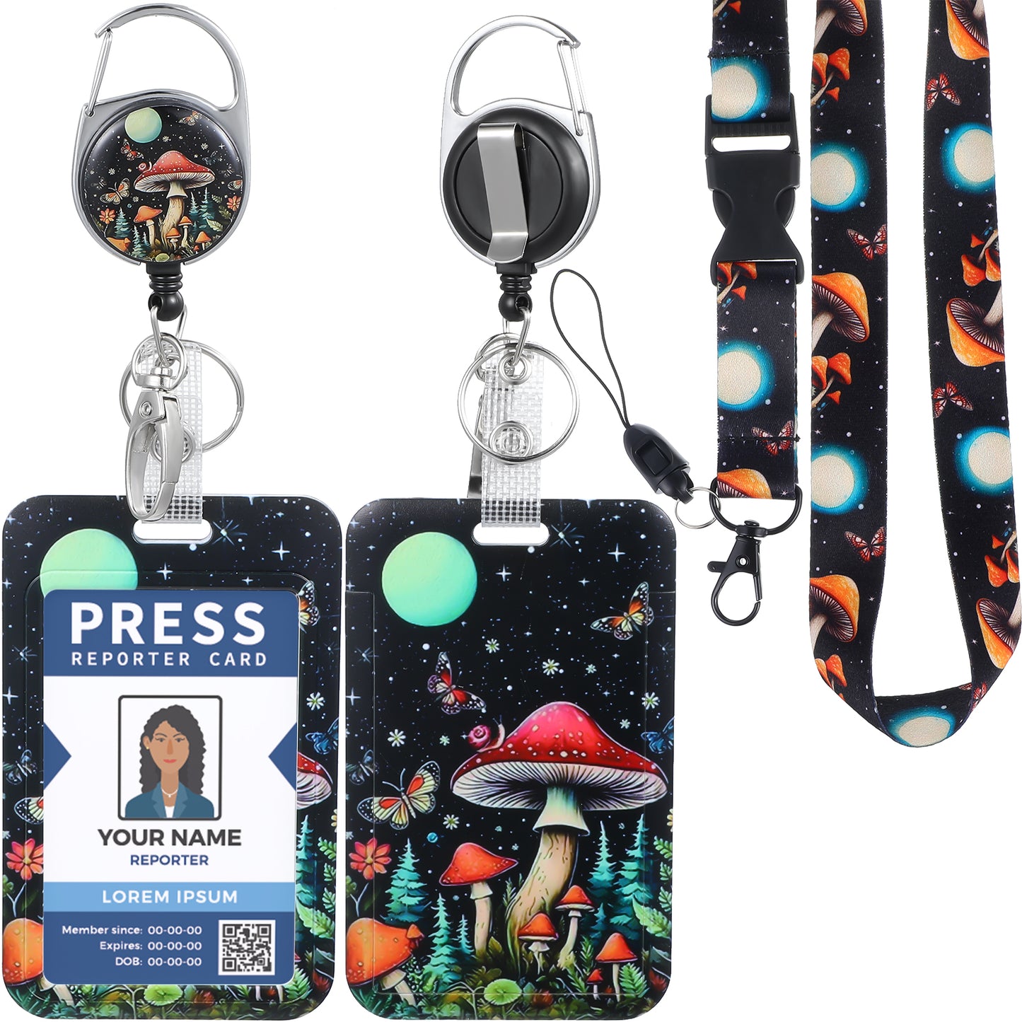 Ymapinc Mushroom Retractable Lanyard with ID Holder, Easy Clip Protector Case Badge Reel Lanyards for Pass Card Keys for Women Men Student Teacher Worker(ABS Polyester Metal Black)