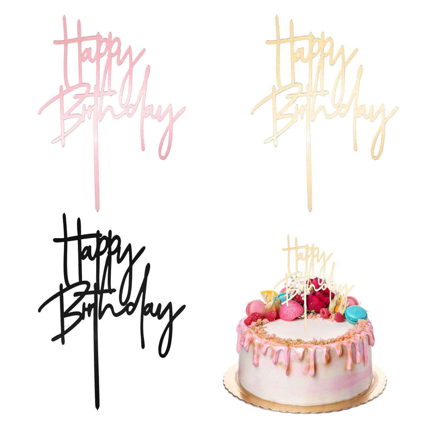 Ouligay 3 PCS Happy Birthday Cake Topper, Acrylic Cake Toppers Happy Birthday Cakes Supplies for Cakes Decorations Party Cupcake Pastries Dessert, Girls and Adults (Rose Gold, Black)
