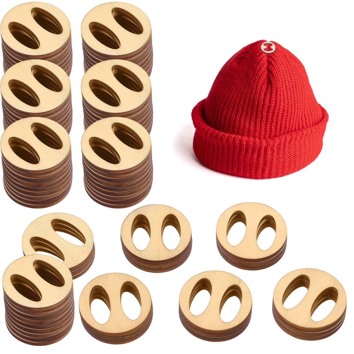 60 PCS Pom Poms Buttons for Hats, 20mm Removable Love Wooden Handmade Buttons, Faux Fur Pompom Holder Keepers, Knitted Hat Making Fastener Tool for Knitting Beanies Caps DIY Craft Decoration