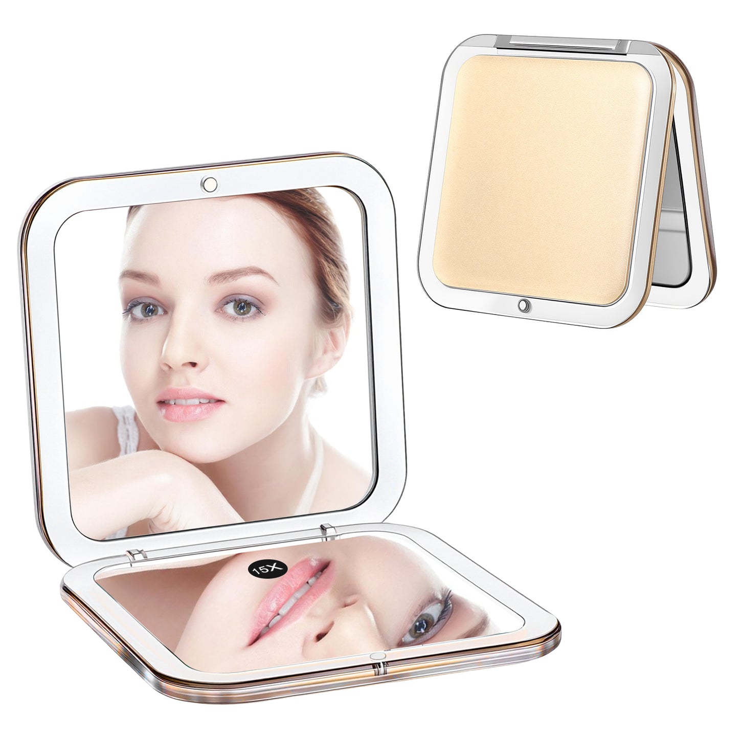 Nogeqi Compact Mirror for Purse, 1x/15x Small Magnifying Mirror, Foldable & Portable Double-Sided Makeup Pocket Mirrors for Women Girls Travel, Square 3.3 X 3.3 Inch (Khaki)