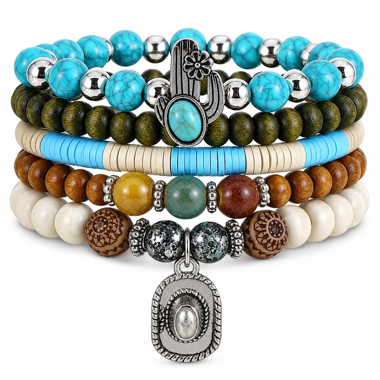 Ouligay 5 PCS Western Beaded Bracelets Turquoise Bracelets Country Jewelry