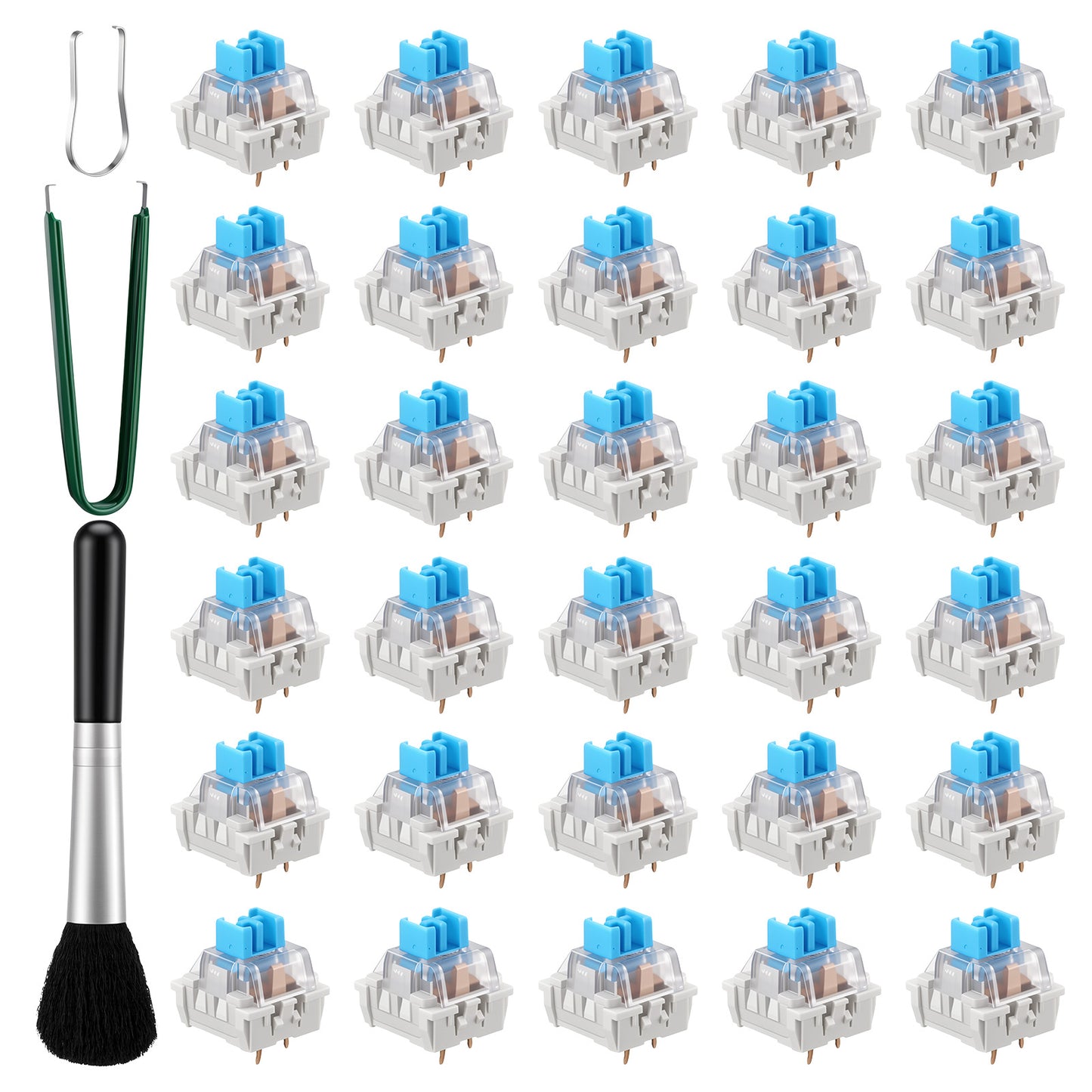 Matwsec 30 Pcs Mechanical Keyboard Switches, Blue Keyboard Switches 3 Pin Clicky Switches with 2 Switch Puller & 1 Cleaning Brush, Keyboard Clicker Keys Replacement for Gaming Keyboards