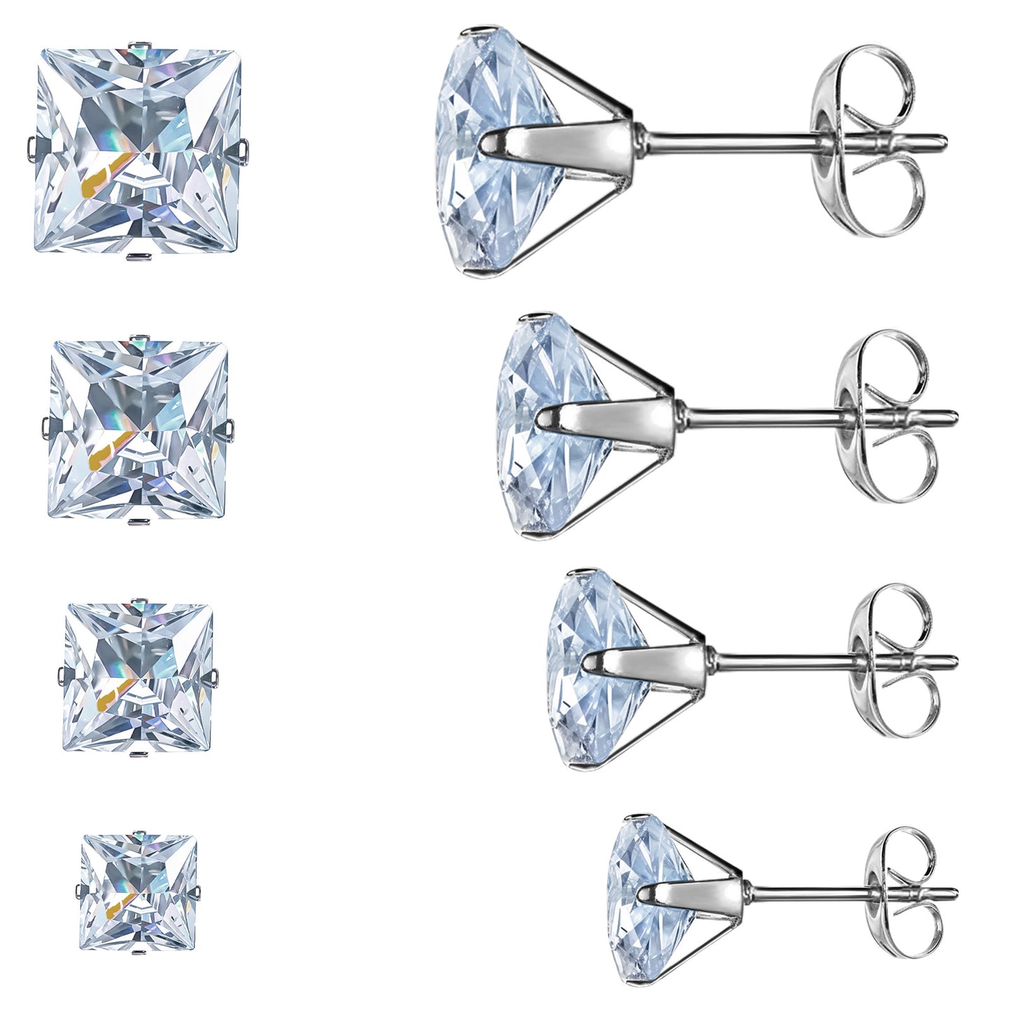 Mabor 4 Pairs Stainless Steel Earrings Studs for Men Women Square Earrings Cubic Zirconia Studs Mens Earrings Princess Earrings Piercing Jewelry Set