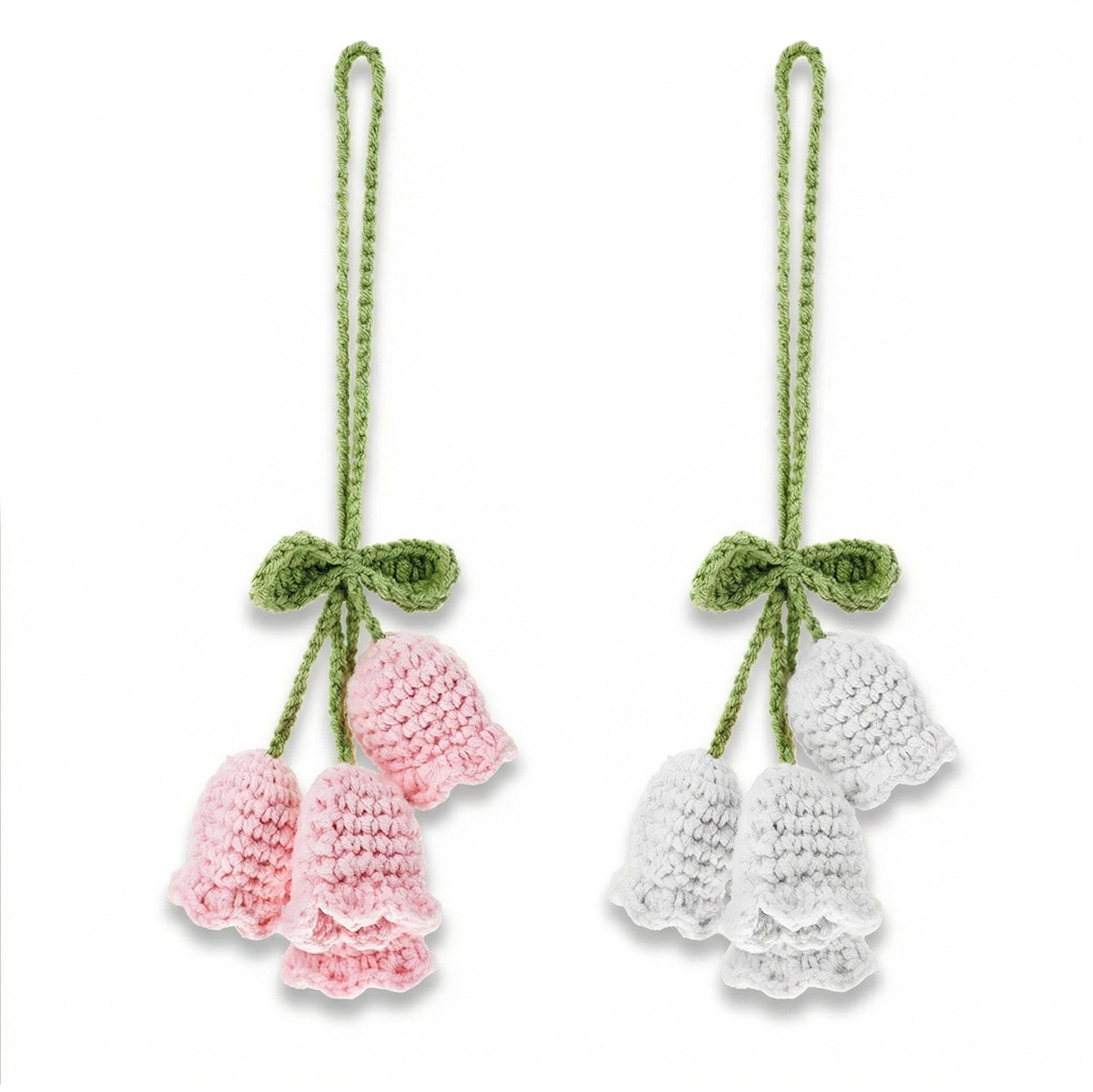 2PCS Handmade Cotton Lily Flower Hanging Accessories for Car Mirror Decoration, Crochet Rearview Mirror Pendant, White and Pink