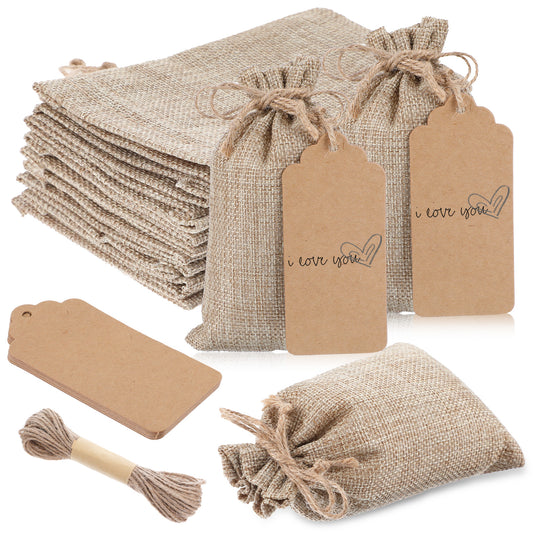 10 PCS Burlap Gift Bags 6x4" Small Gift Bags Drawstring with Drawstring and Gift Tags & String, Reusable Linen Burlap Sack for Wedding Favors Party Jewelry Pouches, Christmas, Coffee, DIY Craft Bags
