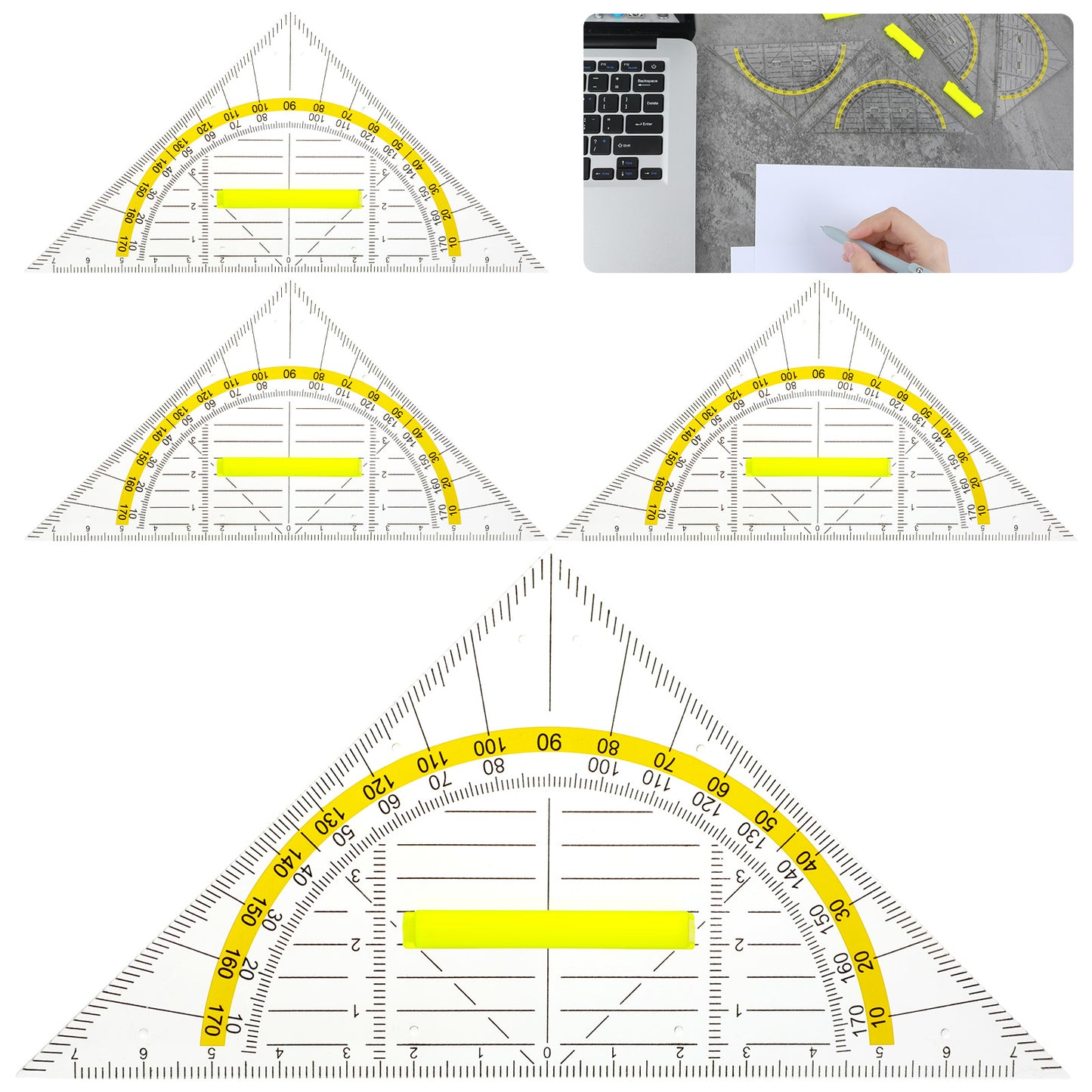 4 Pcs Triangular Ruler Set, Ymapinc Multifunctional Drafting Square Set, Plastic Protractor for Quilting/Architects, Drafting Triangle Tools