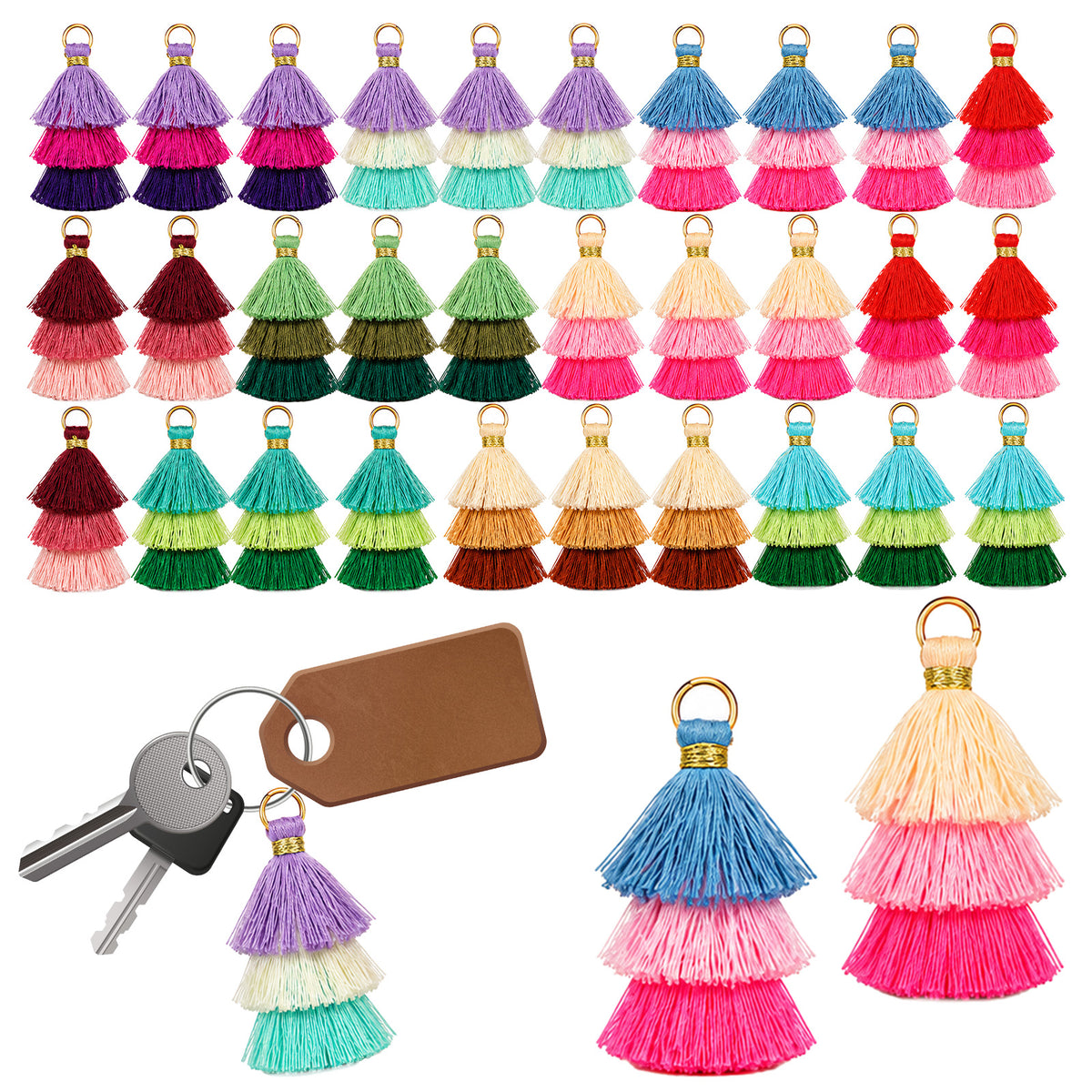 Chsoejuf 30PCS Tassels for Keychain Making Mini Tassel for Crafts Tri Layer