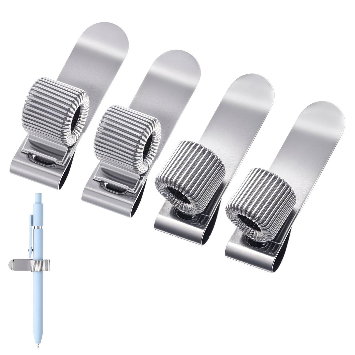 Ymapinc 4PCS Metal Pen Holder Set，Adjustable Spring Loop Pen Clip for Notebook & Clipboard. Retractable Pencil Holder, Silver Pencil Holders