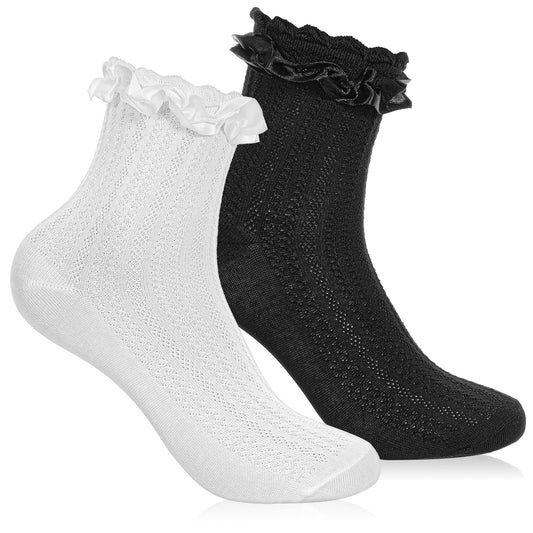Tyqour Ruffle Ankle Socks Women Black Lace Socks Cute Stylish Cotton Frilly(White & Black, 2 Pairs)