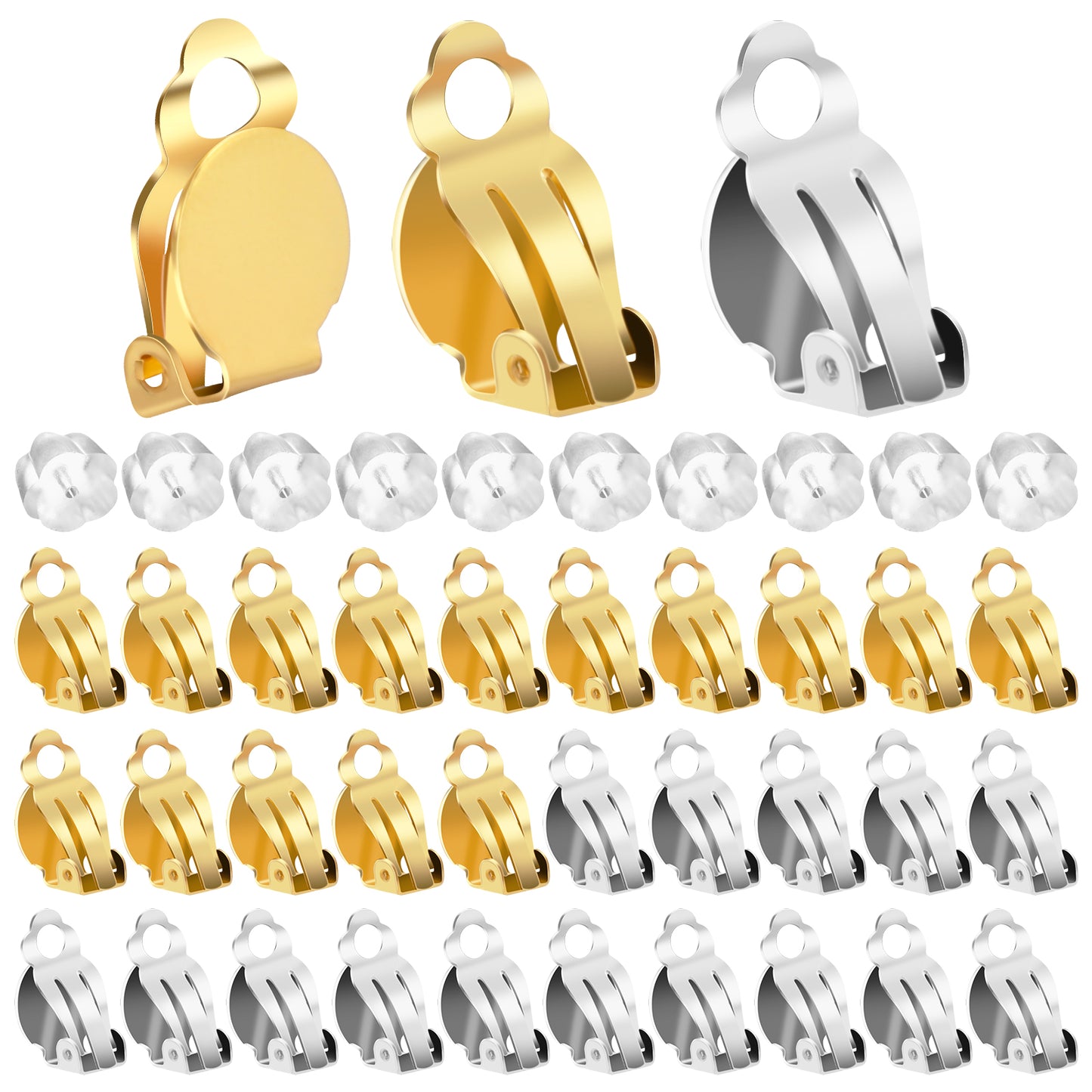 60Pcs Round Flat Back Tray Earring Clips Clip On Earring Backs For Jewelry Making Non-Pierced Earring Setting Components Clip-On Earring Findings With 60Pcs Earring Pads For Diy Earring Jewelry Making