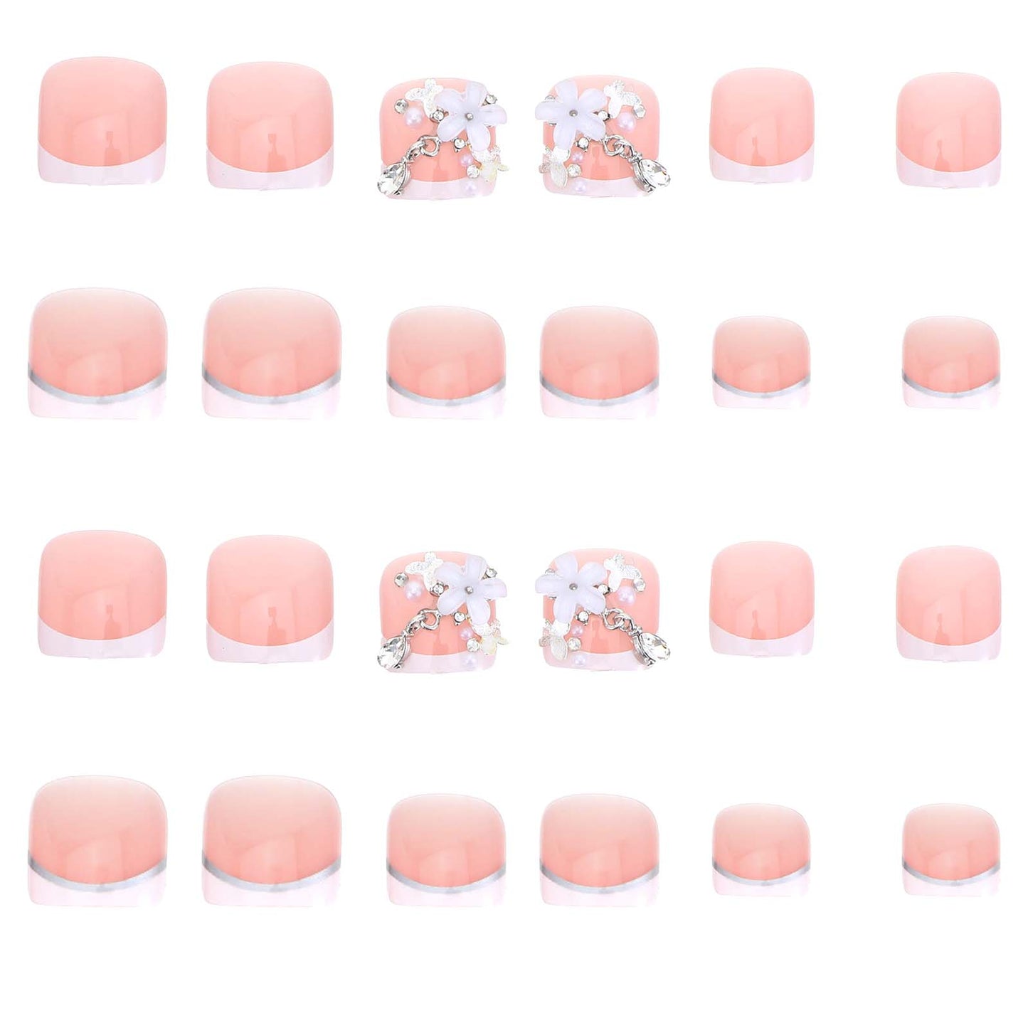 24 Pcs Press on Toenails for Women White French Tip Press on Toenails Toe Nail Ons 3D White Flowers Fake Toenail Short Square Summer False Toenail Glossy Finish for Pedicure Decorations