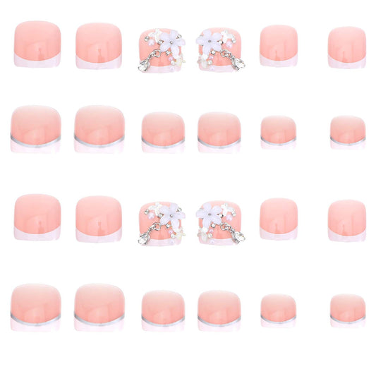 24 Pcs Press on Toenails for Women White French Tip Press on Toenails Toe Nail Ons 3D White Flowers Fake Toenail Short Square Summer False Toenail Glossy Finish for Pedicure Decorations