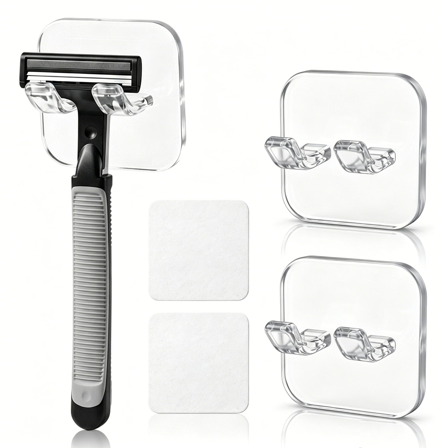Razor Holder for Shower 2 Pack Self-Adhesive Removable Reusable Waterproof Hooks Wall Suction Cup Hanger Shaver Holder Clear Towel Bathroom No-Drill Hook for Hanging Towels, Keys, Hats, Loofah, Etc