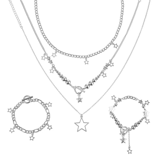 Y2k Jewelry Set Silver Star Necklace & Bracelets Grunge Layered Necklace, Cute Aesthetic Stack Toggle Chain Necklaces, Y2k Gothic Jewelry Set For Women