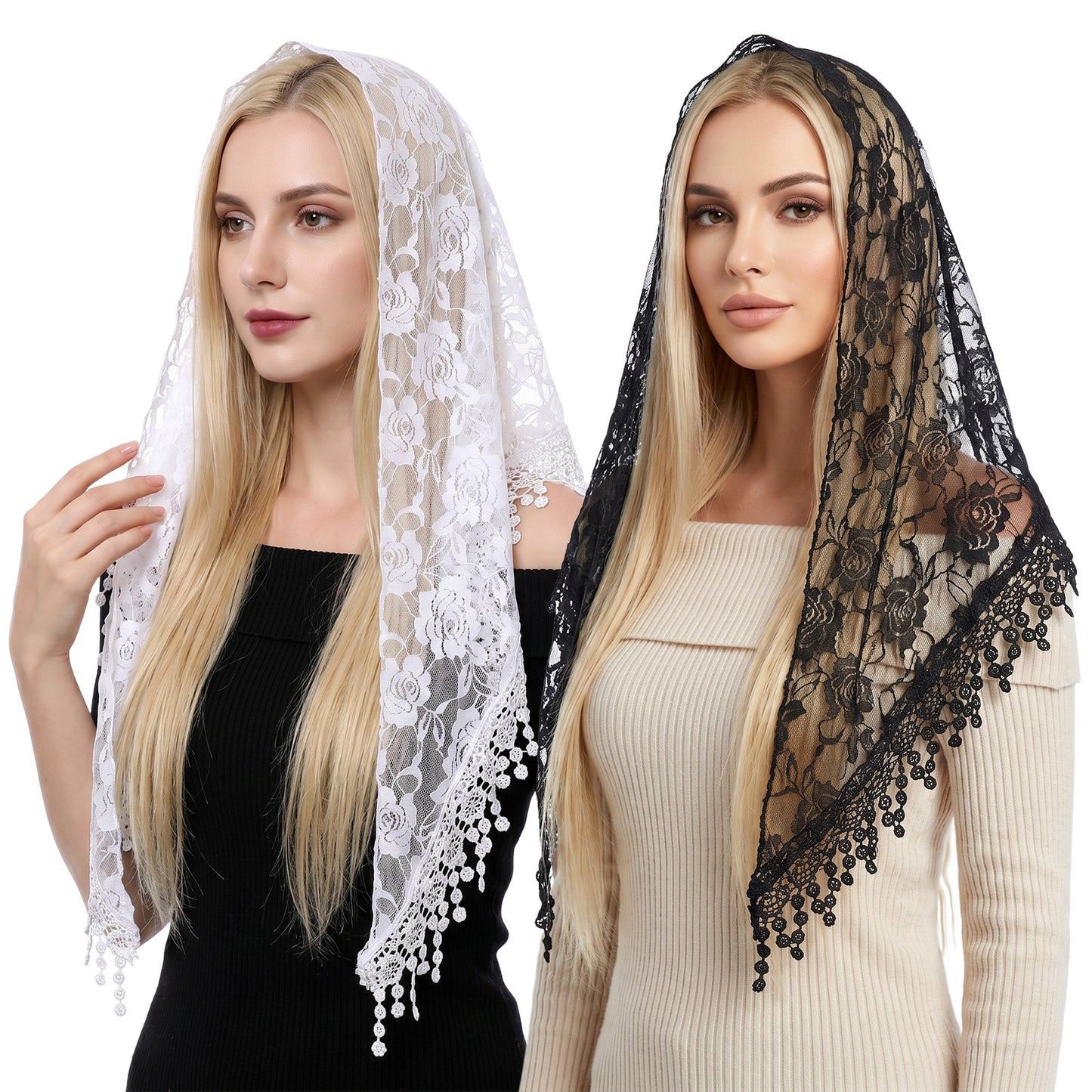 RAHHLIZS 2 Pack Catholic Veils for Women Mass - Triangle Lace Mantilla Veils Catholic for Church, Black & White