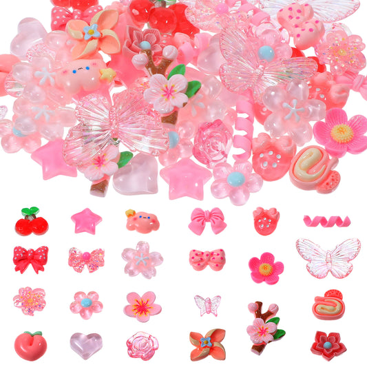 Teaaha 60PCS Junk Case Charms Kit 3D Pink Resin Phone Charm for Decorating Cases, with Kawaii Y2k Flatback Bow, Star, Love, Fruit, Cute Aesthetic Big Decor for Girly DIY Crafts