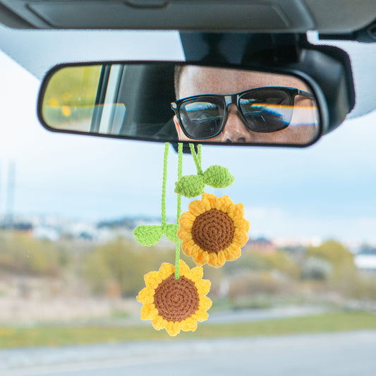 Ymapinc 2Pcs Crochet Sunflower Car Pendant, Handmade Rear View Mirror Charms Accessories, Cute Refreshing Decor for Women Girls Cars Living Room Bag Curtains(Cotton Yellow & Green)