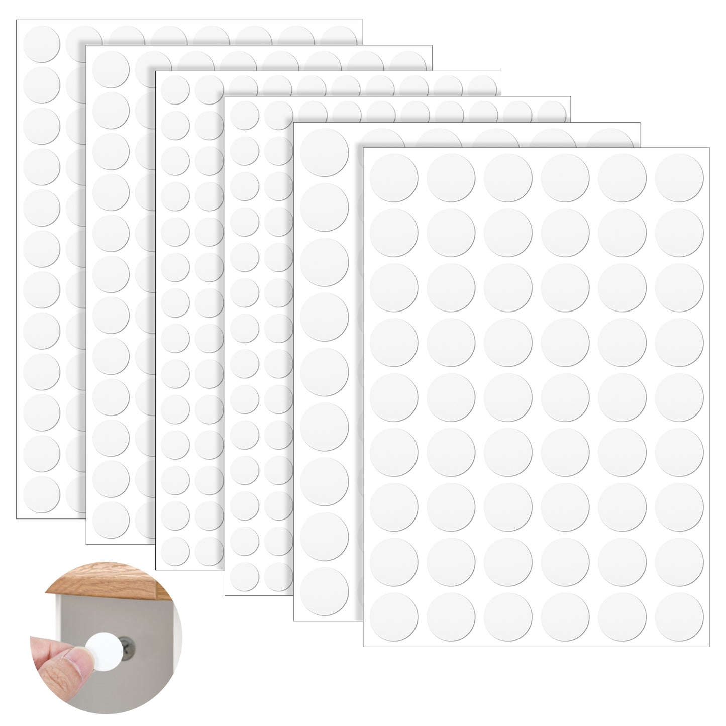 Ouligay 580 Pcs Self-Adhesive Screw Hole Stickers,White Screw Covers,Screw Covers Caps Dustproof,PVC Screw Hole Covers for Wood Cabinets, Furniture, Drawer,Table(6sheets 12 15 21mm)