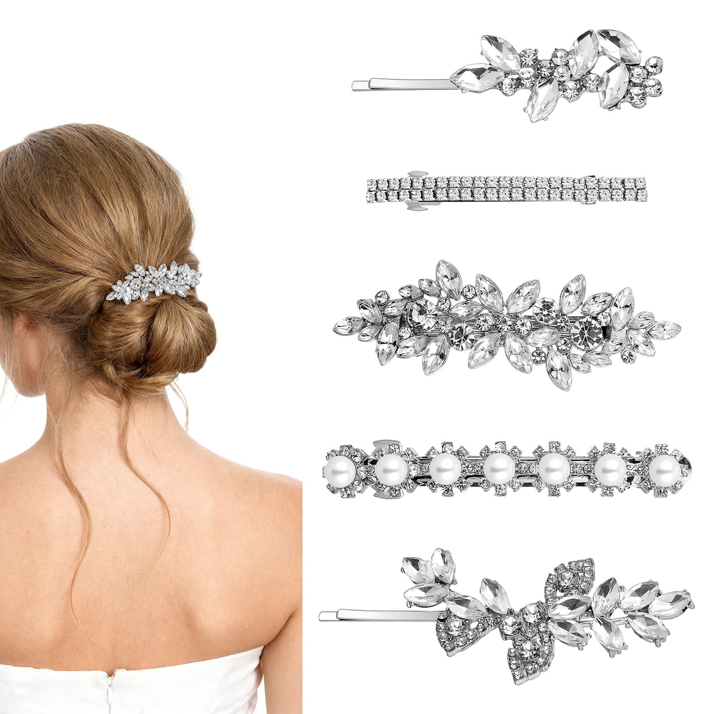 Nogeqi 5PCS Silver Rhinestone Hair Clips for Women, Sparkly Flower Crystal Hair Clips, Elegant Rhinestone Barrettes Accessories for Wedding Bridal Barrettes Party Prom Everyday