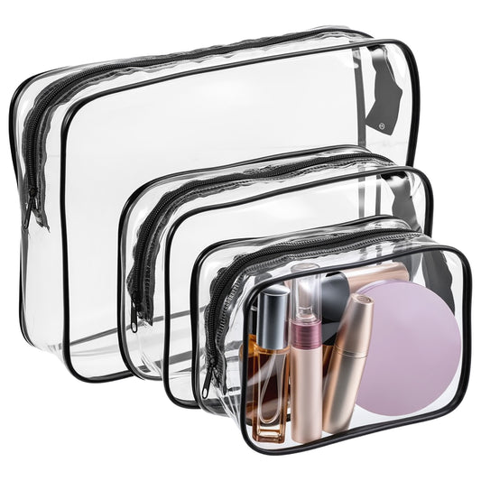 3 Pcs Clear Makeup Bag for Women with Zipper TSA Approved Toiletry Pouch Cosmetic Bag Bulk for Airport Airline Travel Essential Carry On Makeup (Black 3 Sizes)