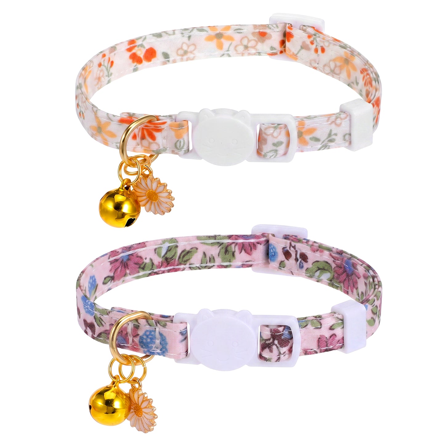 RAHHLIZS 2 Pack Flowers Pattern Cat Collars Summer Breakaway Safety Cat Collar with Bells, Flower Pendant, Adjustable Kitten Collars Gift for Cats, Purple and Orange Flowers Design